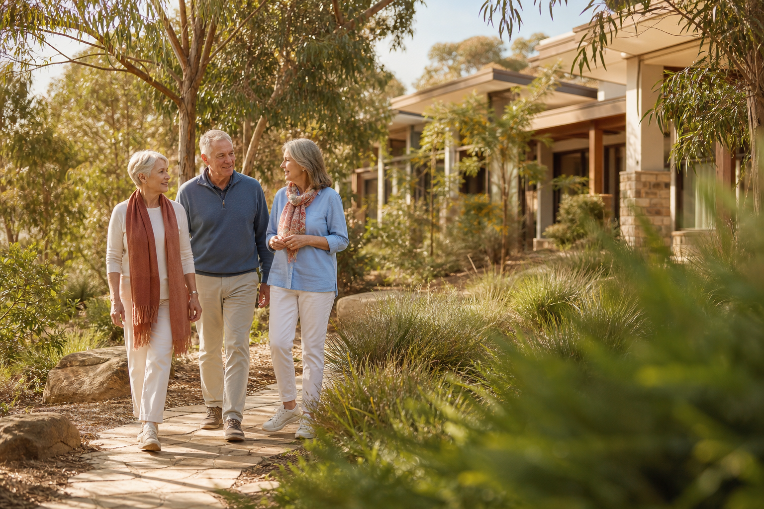 Friends walking together through a landscaped retirement community